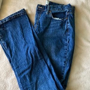 dark, high rise, bootcut blue jeans